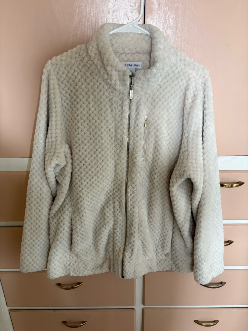 Calvin Klein Soft Cream Textured Zip-Up Teddy Jacket